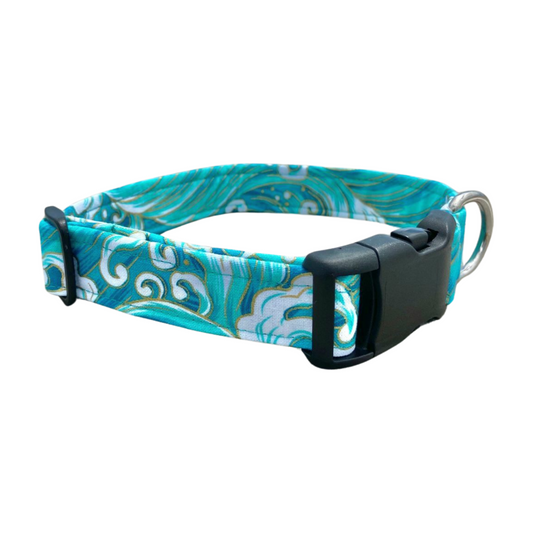 Teal Ocean Wave Buckle Dog Collar